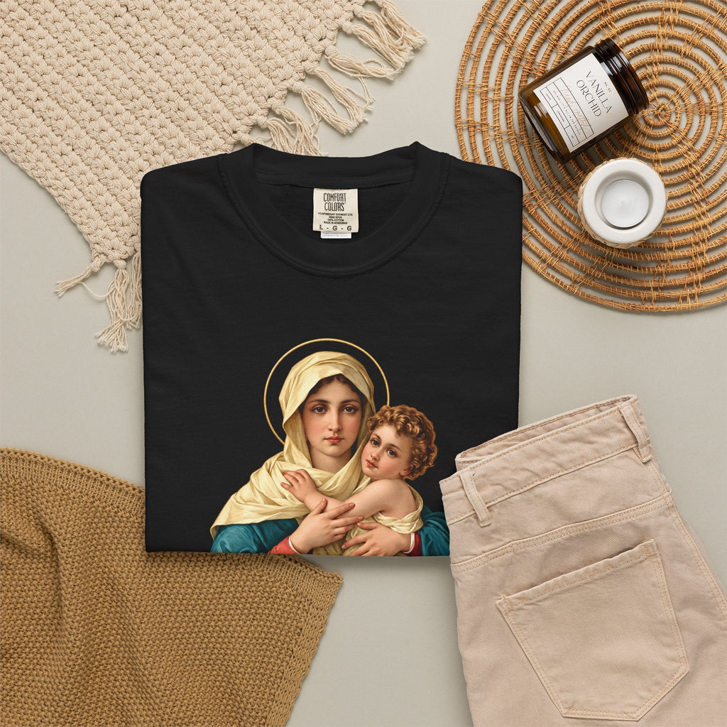 Sacred Armor Rosaries black Comfort Colors t-shirt featuring a vibrant print of Our Lady of Schoenstatt and Jesus.