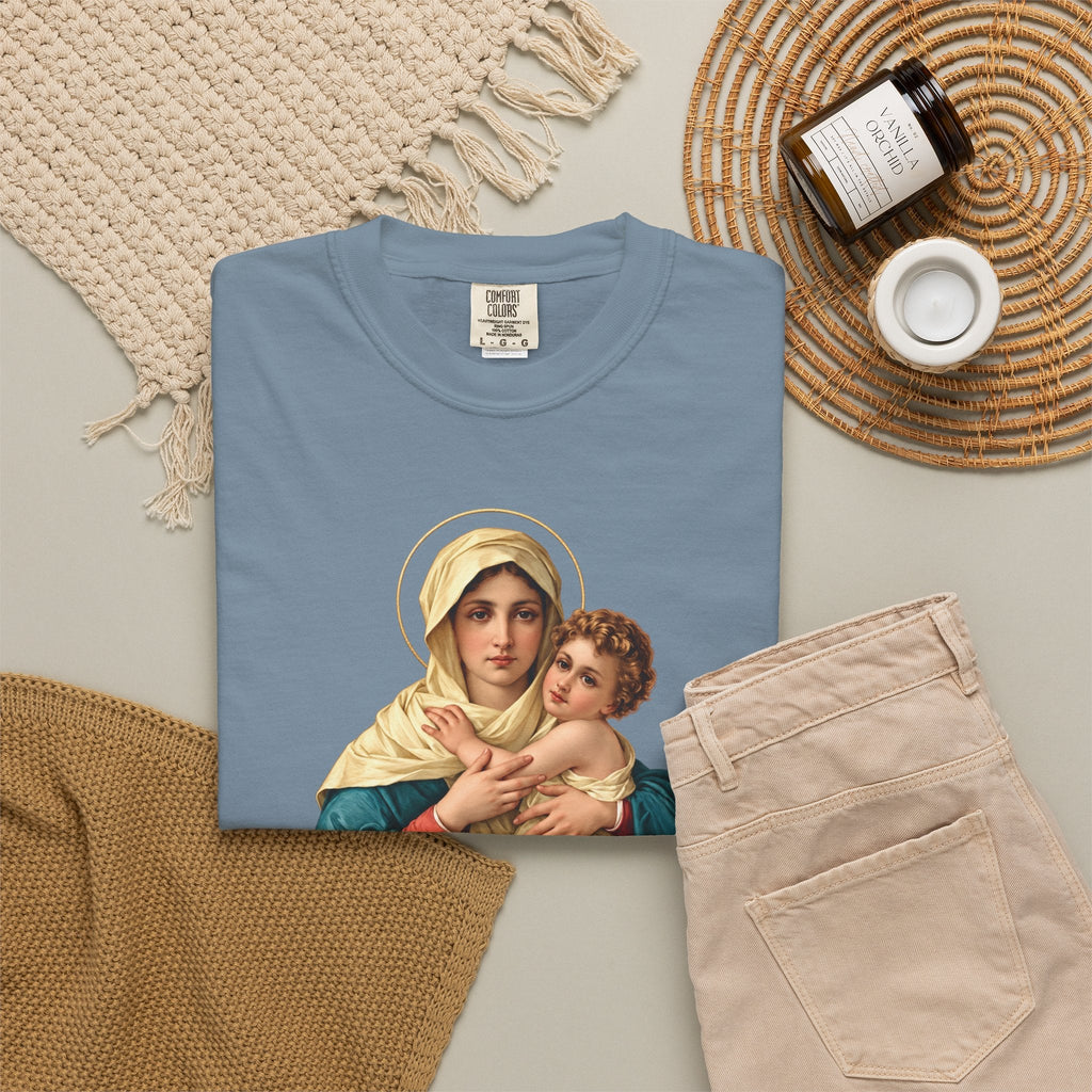 Sacred Armor Rosaries blue Comfort Colors t-shirt featuring a vibrant print of Our Lady of Schoenstatt and Child Jesus