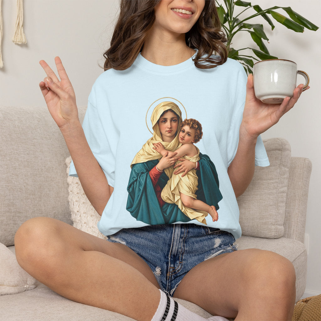 Sacred Armor Rosaries light blue Comfort Colors t-shirt featuring a religious print of Our Lady of Schoenstatt