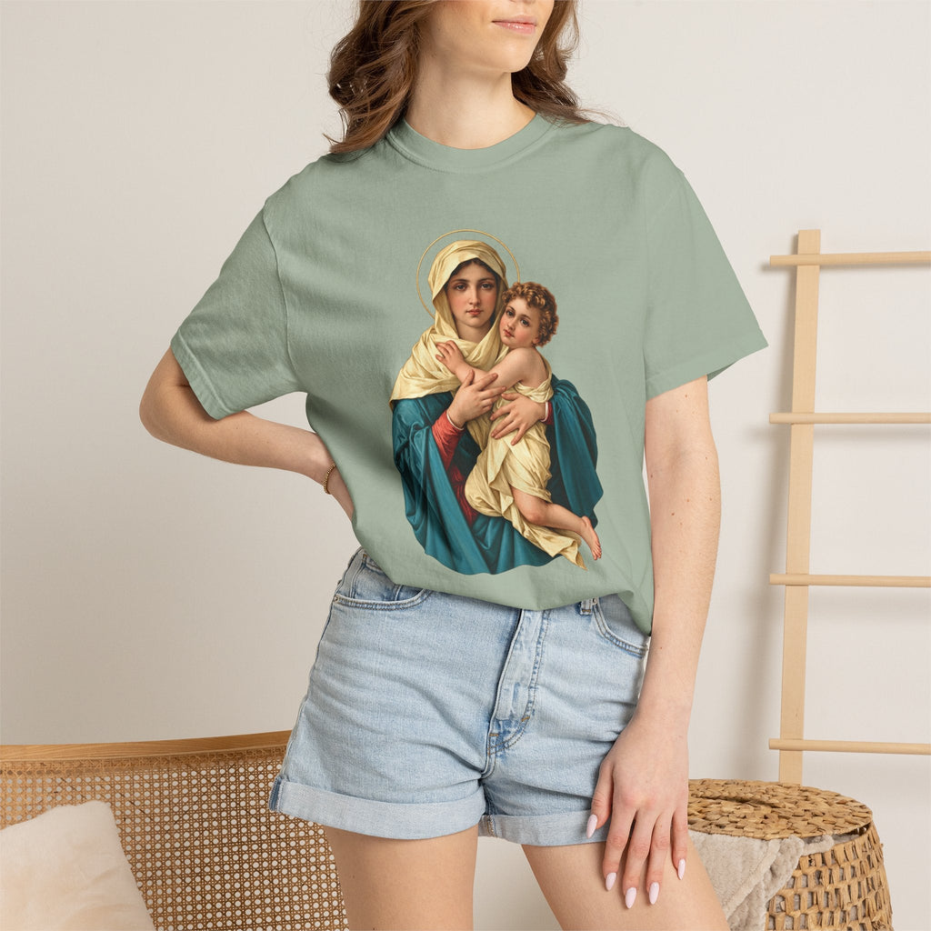 Sacred Armor Rosaries Comfort Colors t-shirt in sage green featuring a vibrant Our Lady of Schoenstatt print.