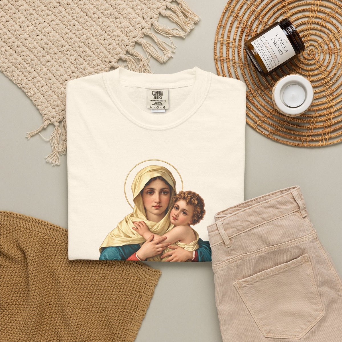 Sacred Armor Rosaries Our Lady of Schoenstatt Comfort Colors tee in cream cotton with a Marian religious print