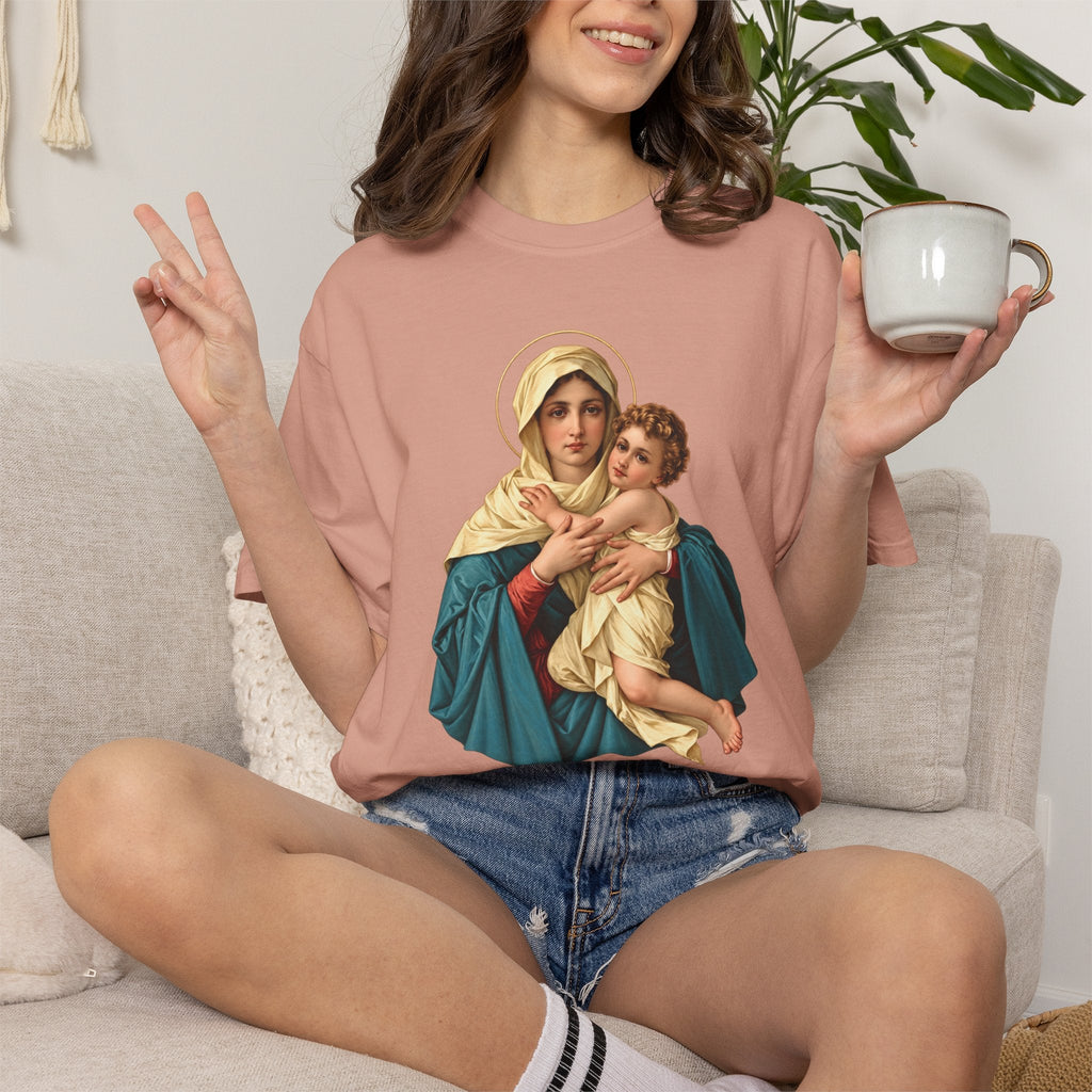 Sacred Armor Rosaries Comfort Colors t-shirt in dusty pink featuring a vibrant Our Lady of Schoenstatt religious print