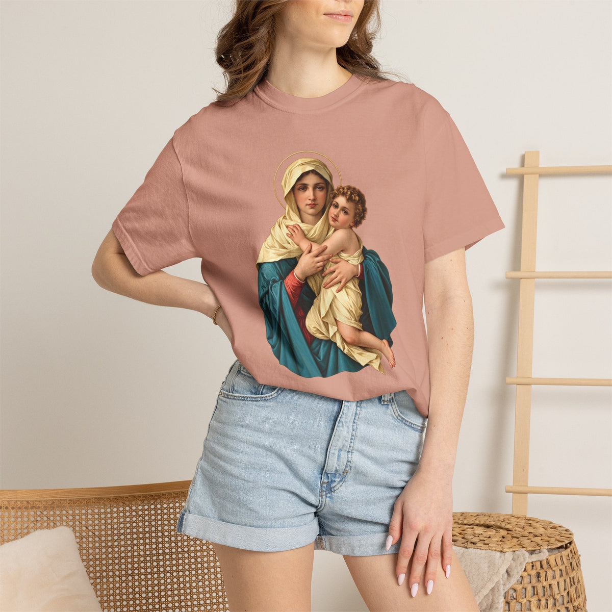 Sacred Armor Rosaries Our Lady of Schoenstatt Comfort Colors t-shirt in dusty pink with a Marian religious print.