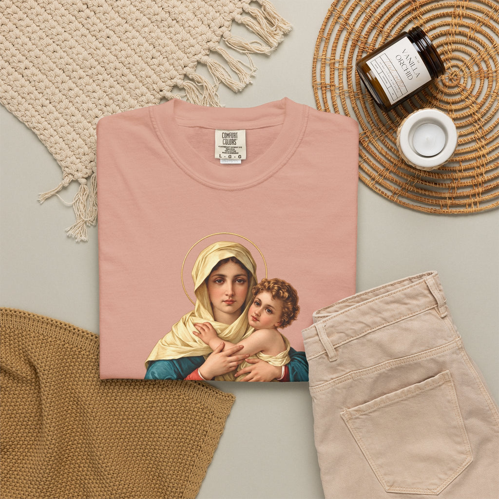 Sacred Armor Rosaries Our Lady of Schoenstatt Comfort Colors tee in dusty pink with a religious print of Mary and Jesus.