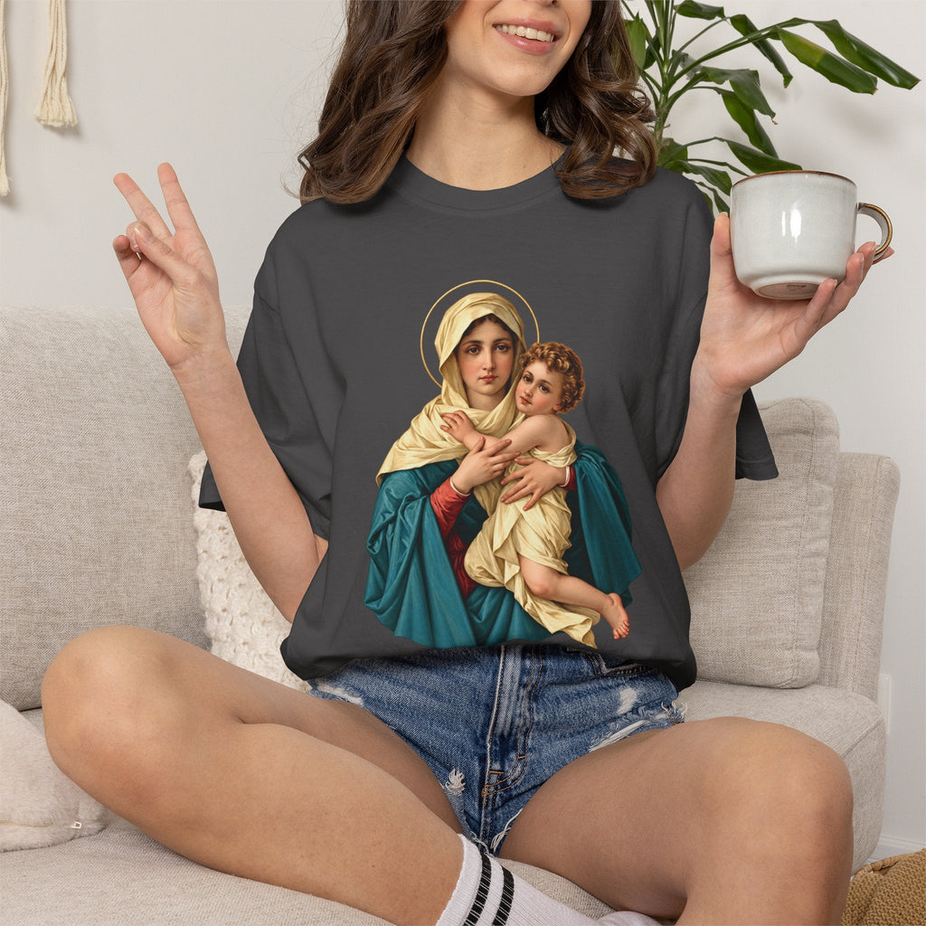 Sacred Armor Rosaries charcoal grey Comfort Colors t-shirt featuring a vibrant Our Lady of Schoenstatt religious print