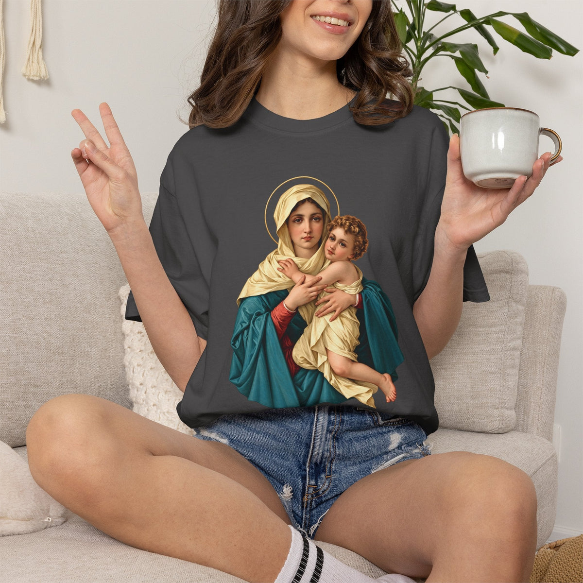 Sacred Armor Rosaries charcoal grey Comfort Colors t-shirt featuring a vibrant Our Lady of Schoenstatt religious print