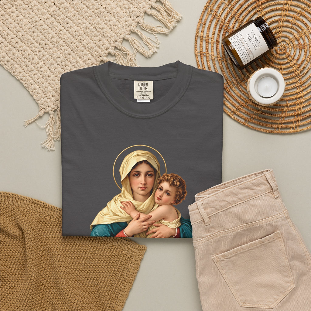 Sacred Armor Rosaries charcoal grey Comfort Colors t-shirt featuring a vibrant Our Lady of Schoenstatt religious print