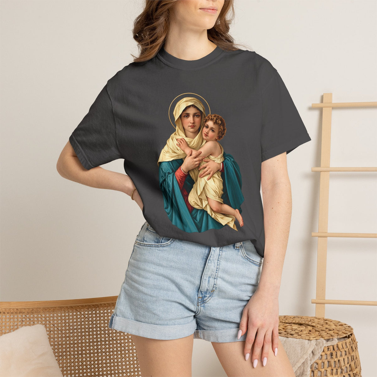 Sacred Armor Rosaries charcoal grey Comfort Colors t-shirt featuring a vibrant Our Lady of Schoenstatt religious print