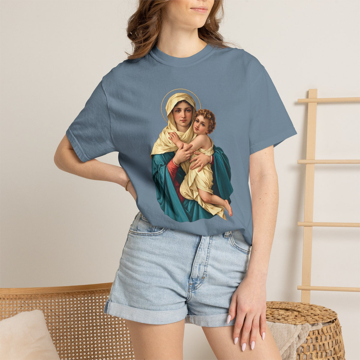 Sacred Armor Rosaries blue Comfort Colors t-shirt featuring a vibrant print of Our Lady of Schoenstatt and Child Jesus