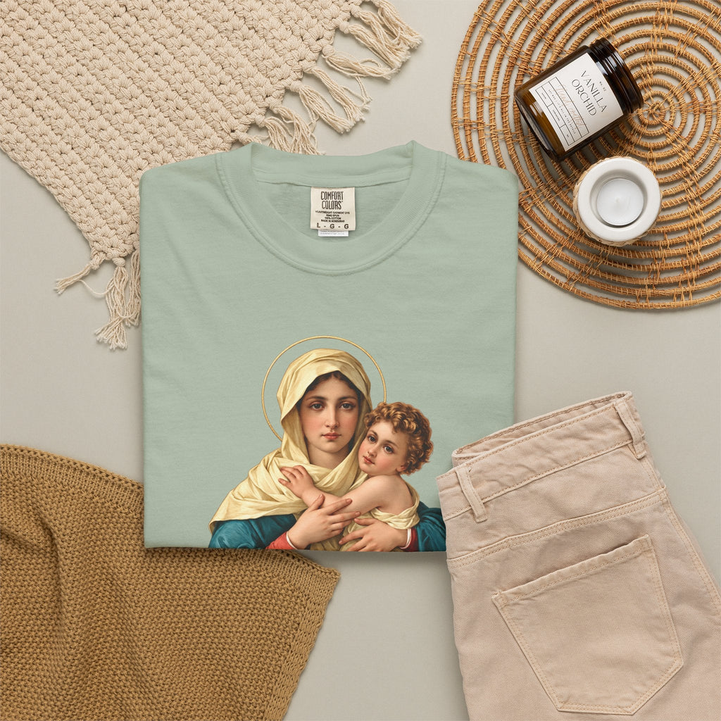Sacred Armor Rosaries sage green Comfort Colors t-shirt featuring a devotional print of Our Lady of Schoenstatt.
