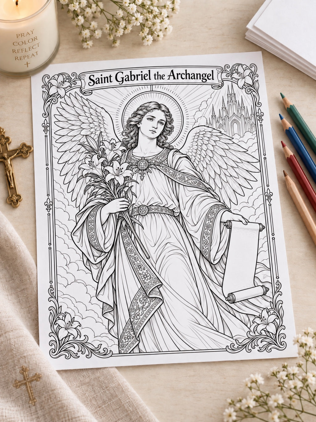 Saint Gabriel the Archangel coloring page printable mockup