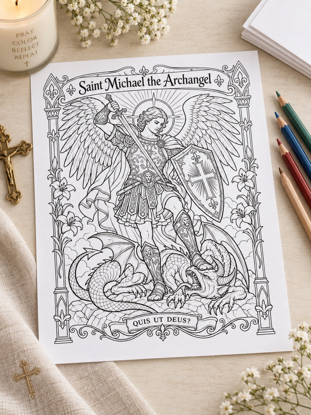 Saint Michael the Archangel coloring page printable mockup