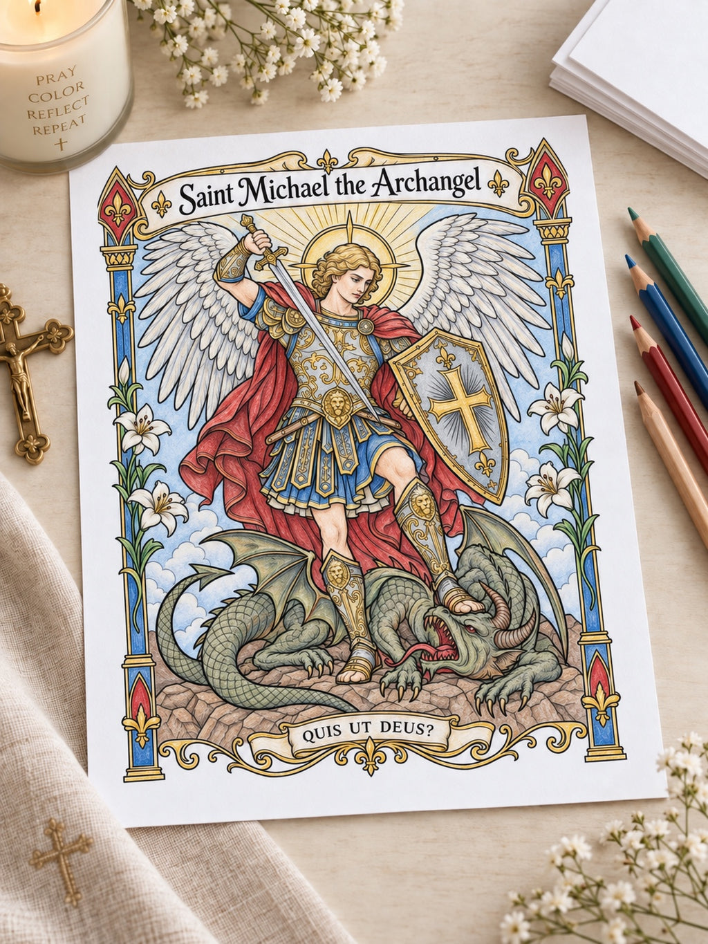 Colored Saint Michael the Archangel coloring page example