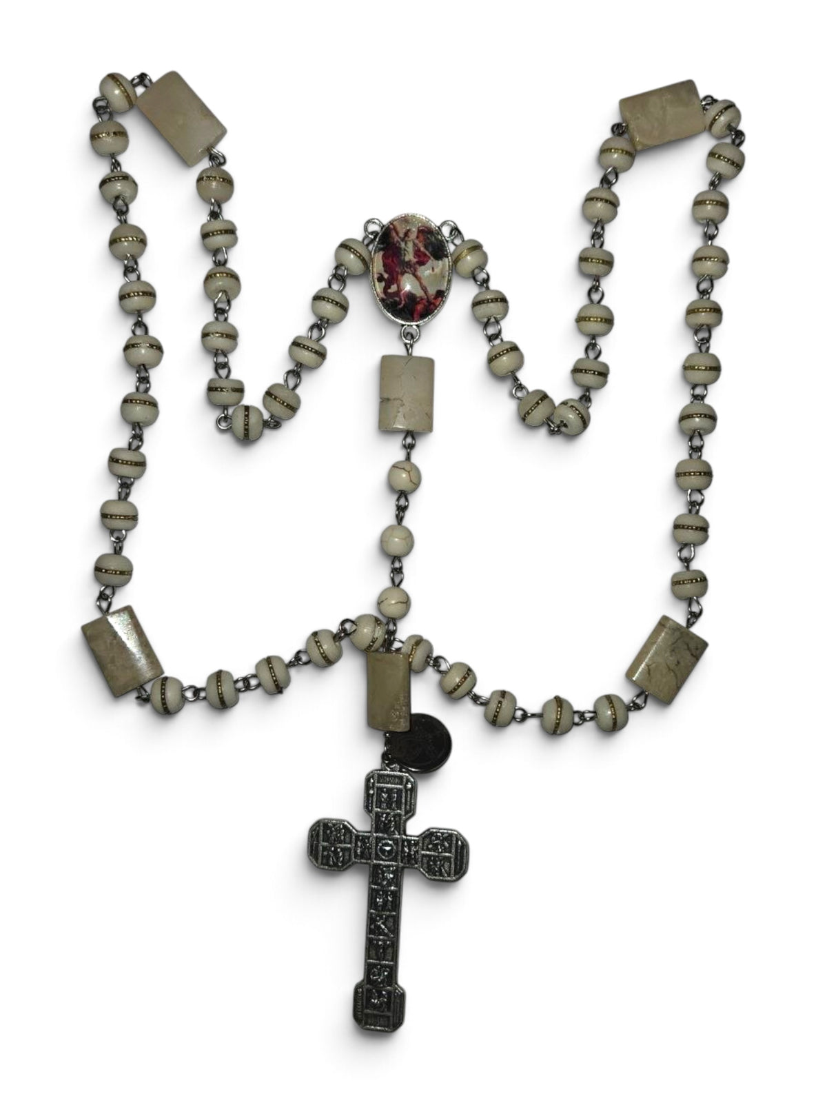 Handmade Saint Michael five-decade rosary with ivory gold-banded beads, centerpiece and silver-tone crucifix