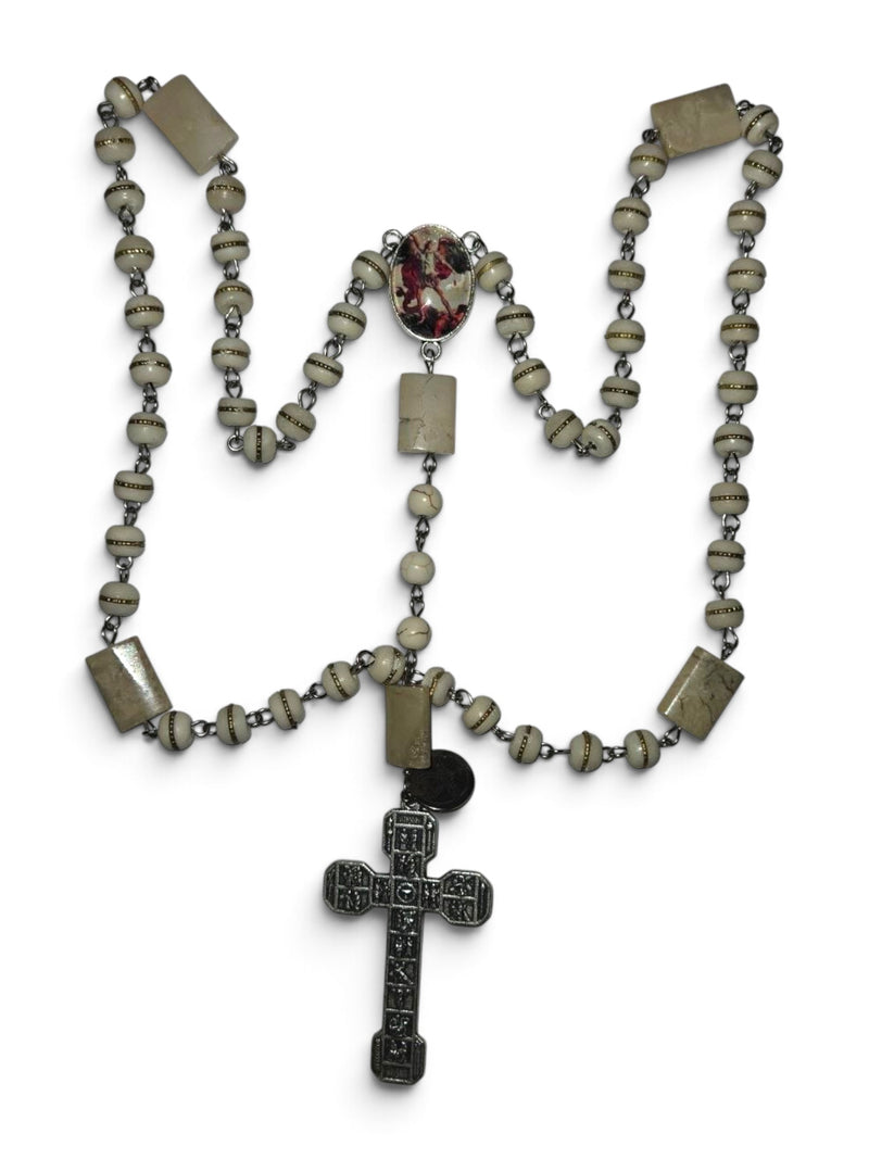 Handmade Saint Michael Rosary – Ivory Beads & Silver-Tone Crucifix