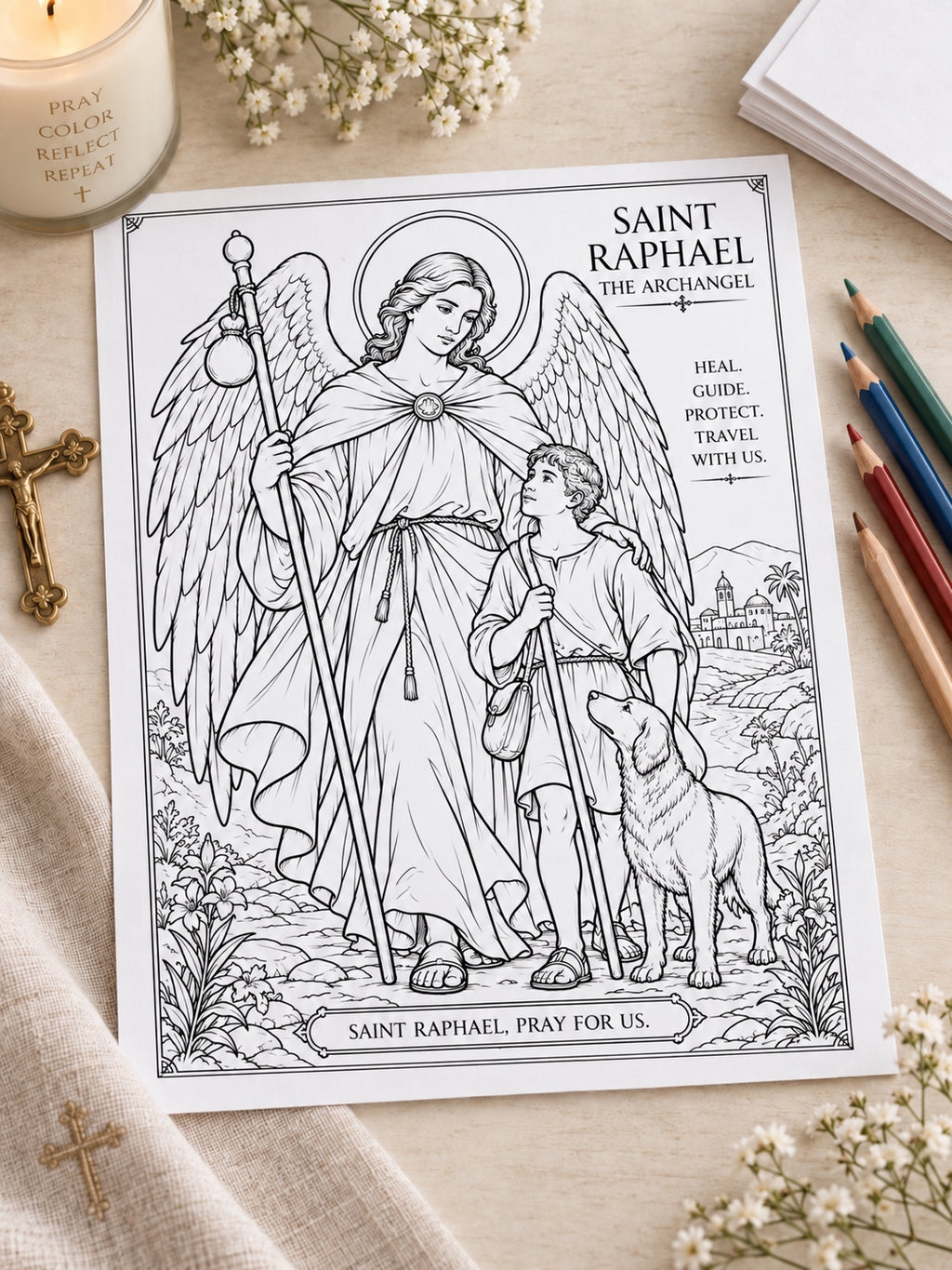 Saint Raphael the Archangel coloring page printable mockup