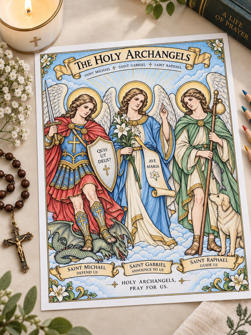 Holy Archangels colored artwork preview featuring Saint Michael Saint Gabriel and Saint Raphael