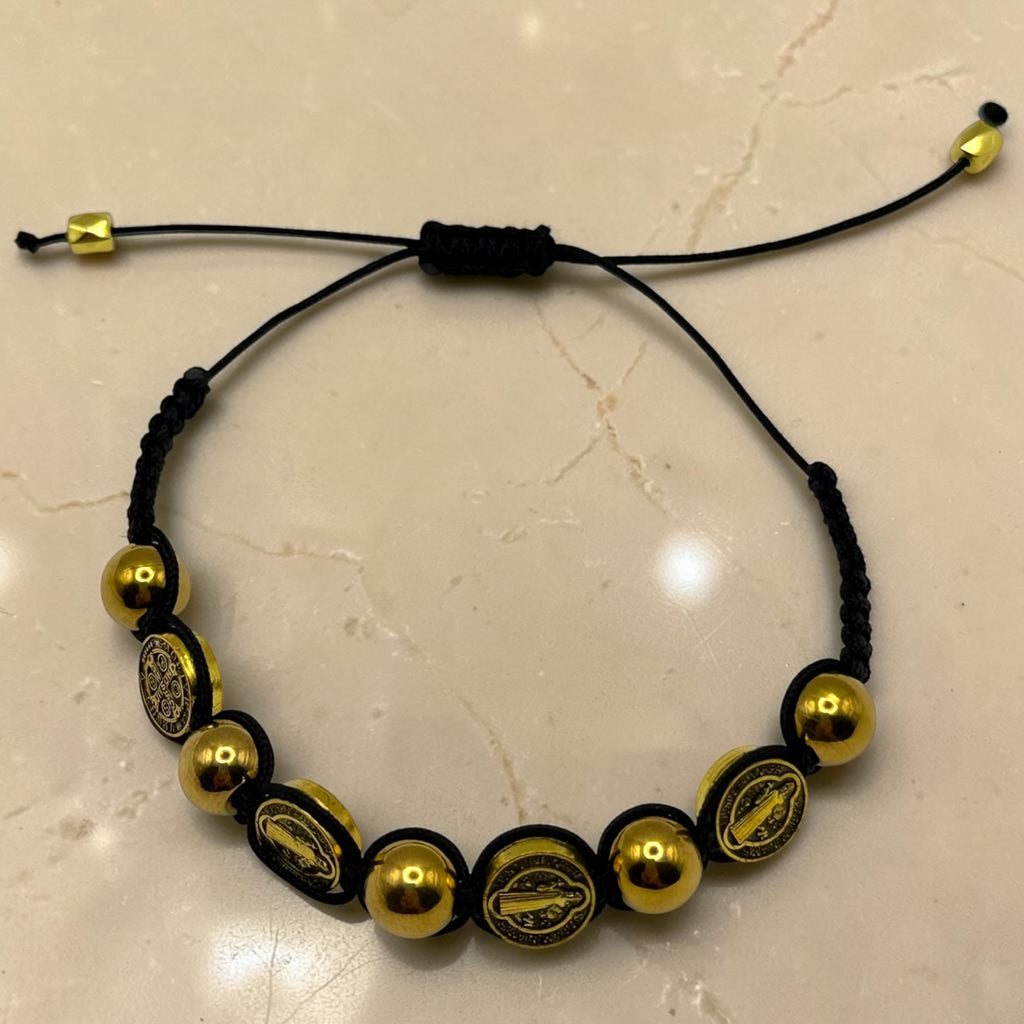 Gold and black St. Benedict medal adjustable cord bracelet