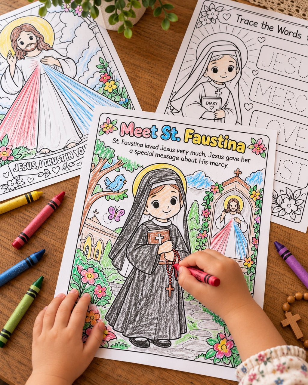 Child coloring St. Faustina and Divine Mercy printable Catholic activity pages