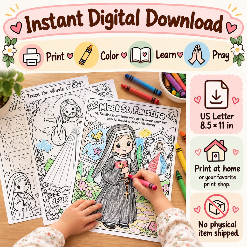 Instant digital download details for St. Faustina preschool activity pack