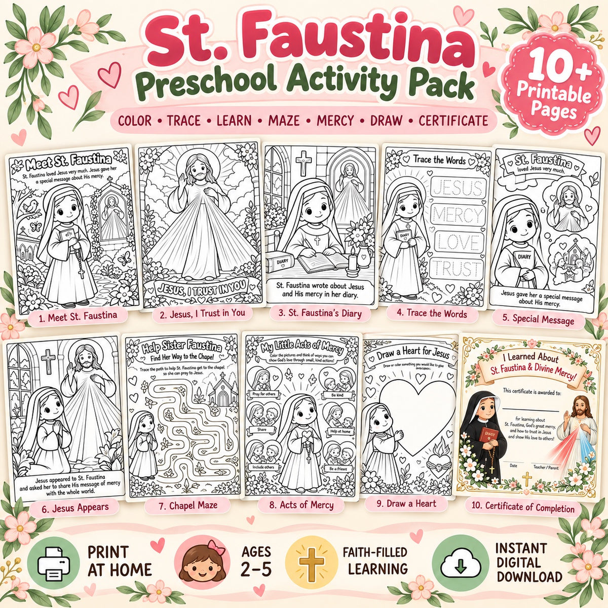 St. Faustina preschool activity pack digital download with 10+ printable Catholic pages