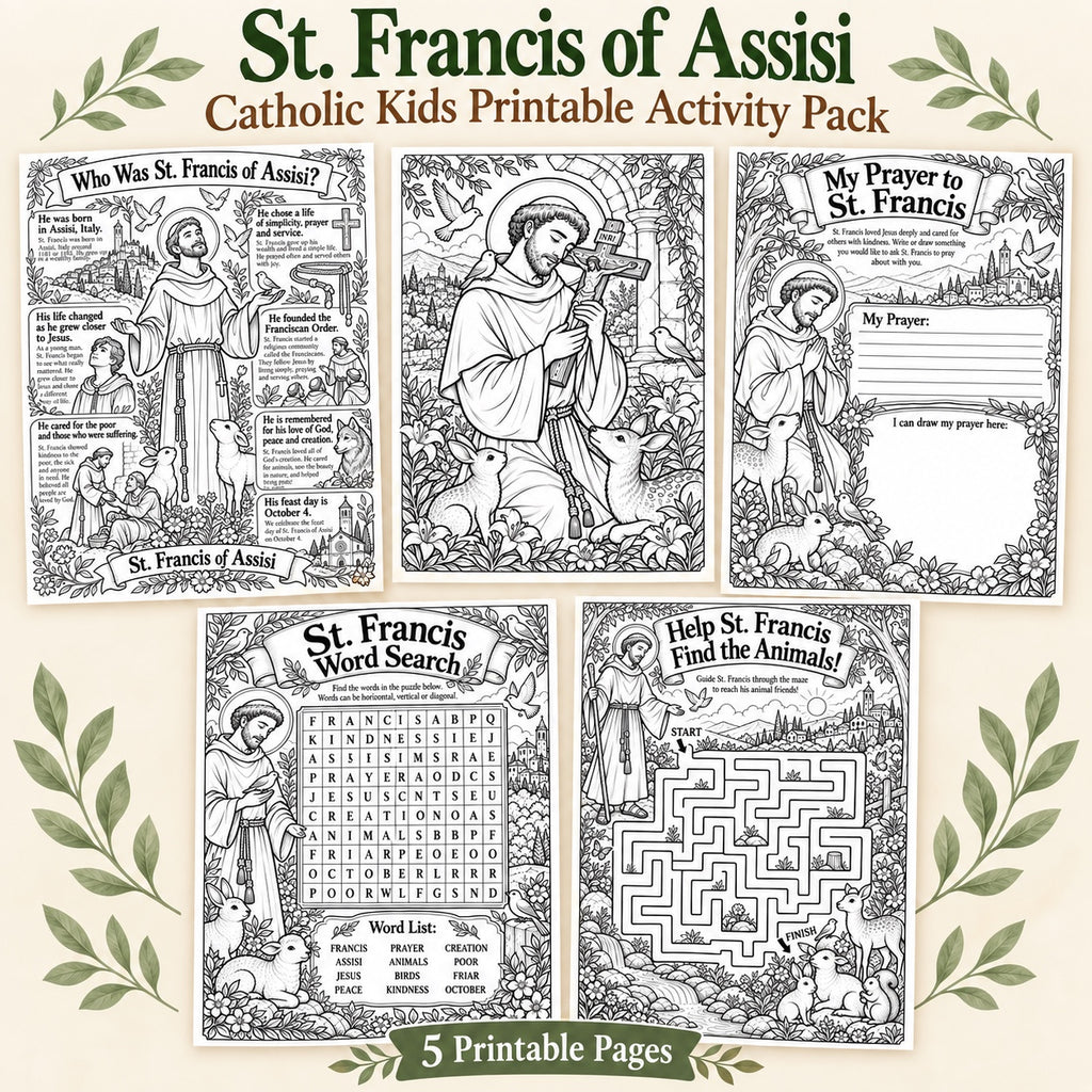 St. Francis of Assisi Catholic kids printable activity pack showing five printable pages