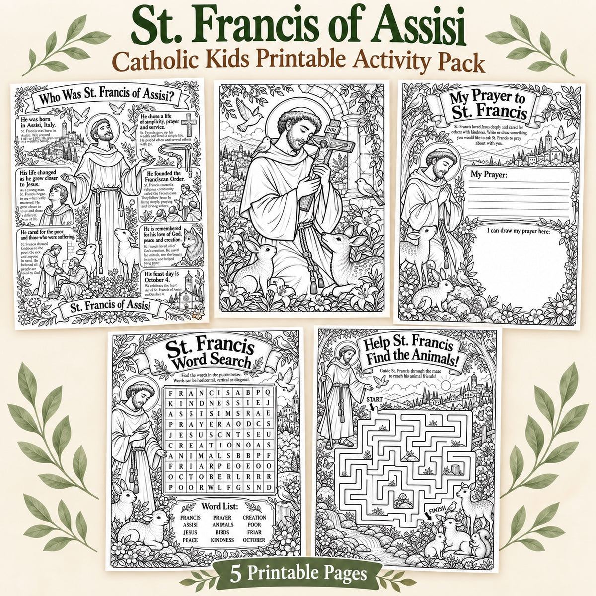 St. Francis of Assisi Catholic kids printable activity pack showing five printable pages