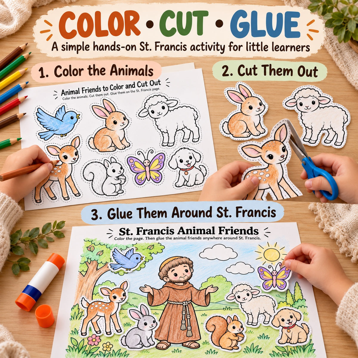 Color cut and glue St. Francis preschool activity instructions