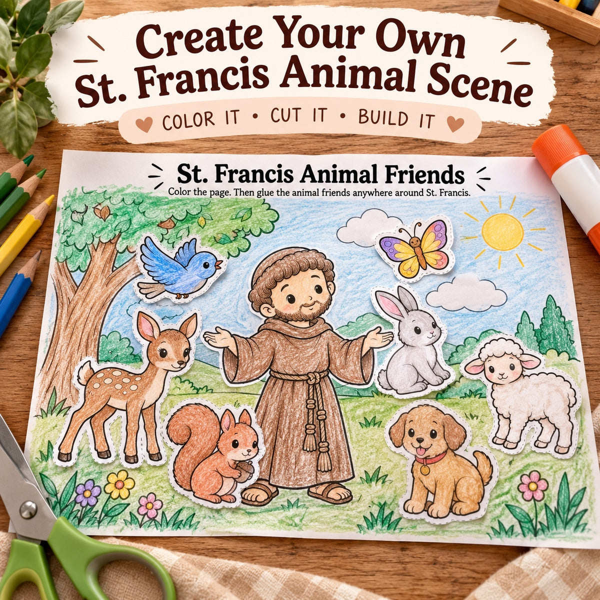 Completed St. Francis animal scene printable craft