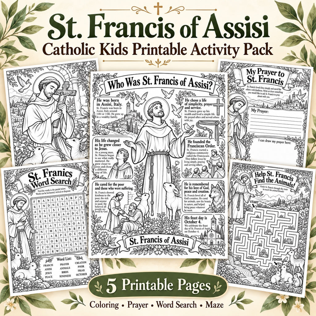 St. Francis of Assisi Catholic kids printable activity pack with five pages including coloring, prayer, word search and maze