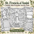St. Francis of Assisi Catholic kids printable activity pack with five pages including coloring, prayer, word search and maze