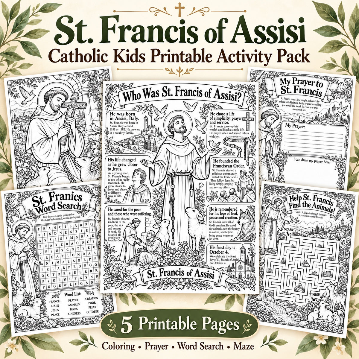 St. Francis of Assisi Catholic kids printable activity pack with five pages including coloring, prayer, word search and maze