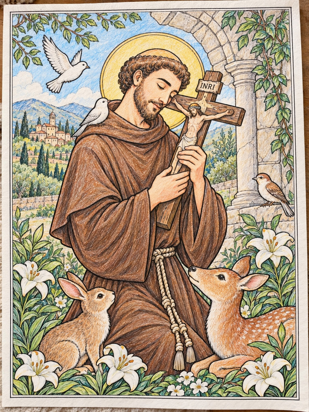 Colored pencil example of St. Francis of Assisi printable coloring page