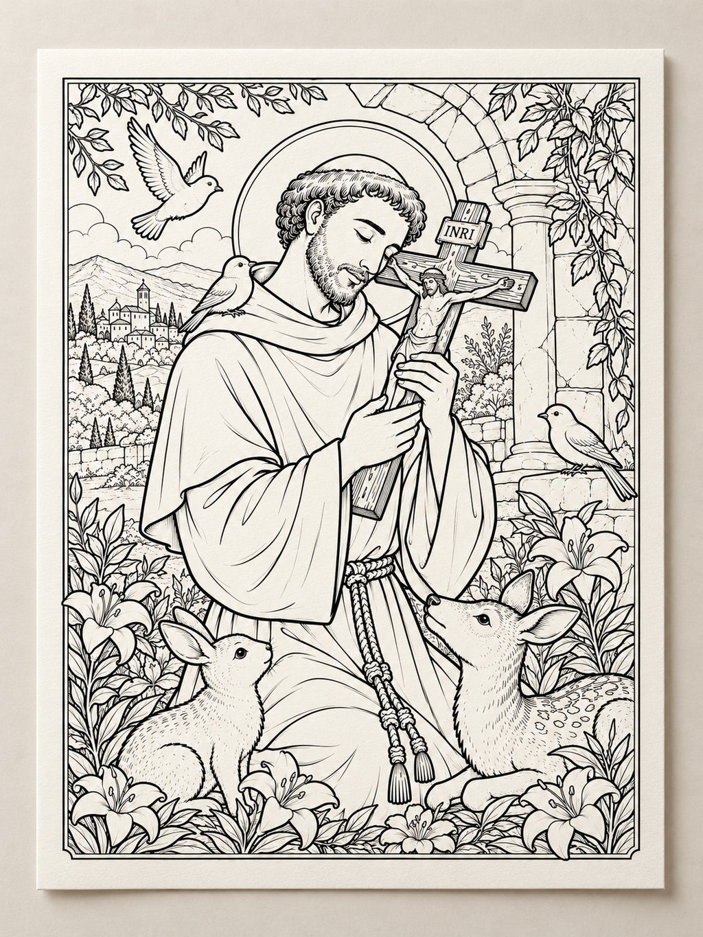 St. Francis of Assisi printable coloring page mockup with crucifix birds rabbit and deer