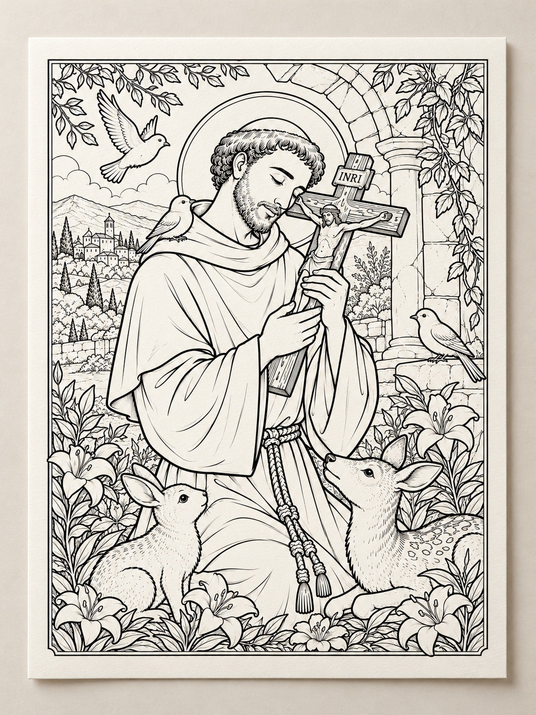 St. Francis of Assisi printable coloring page mockup with crucifix birds rabbit and deer