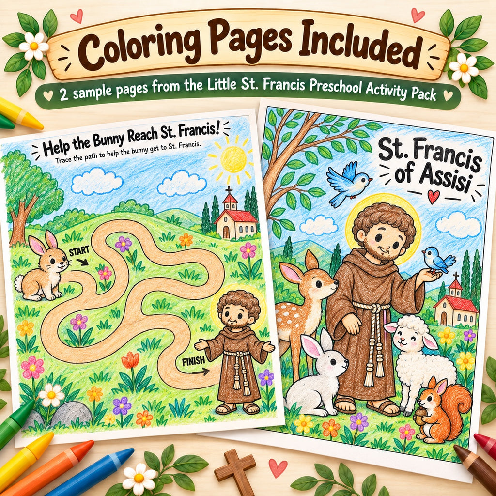 Colored sample pages from the St. Francis preschool activity pack