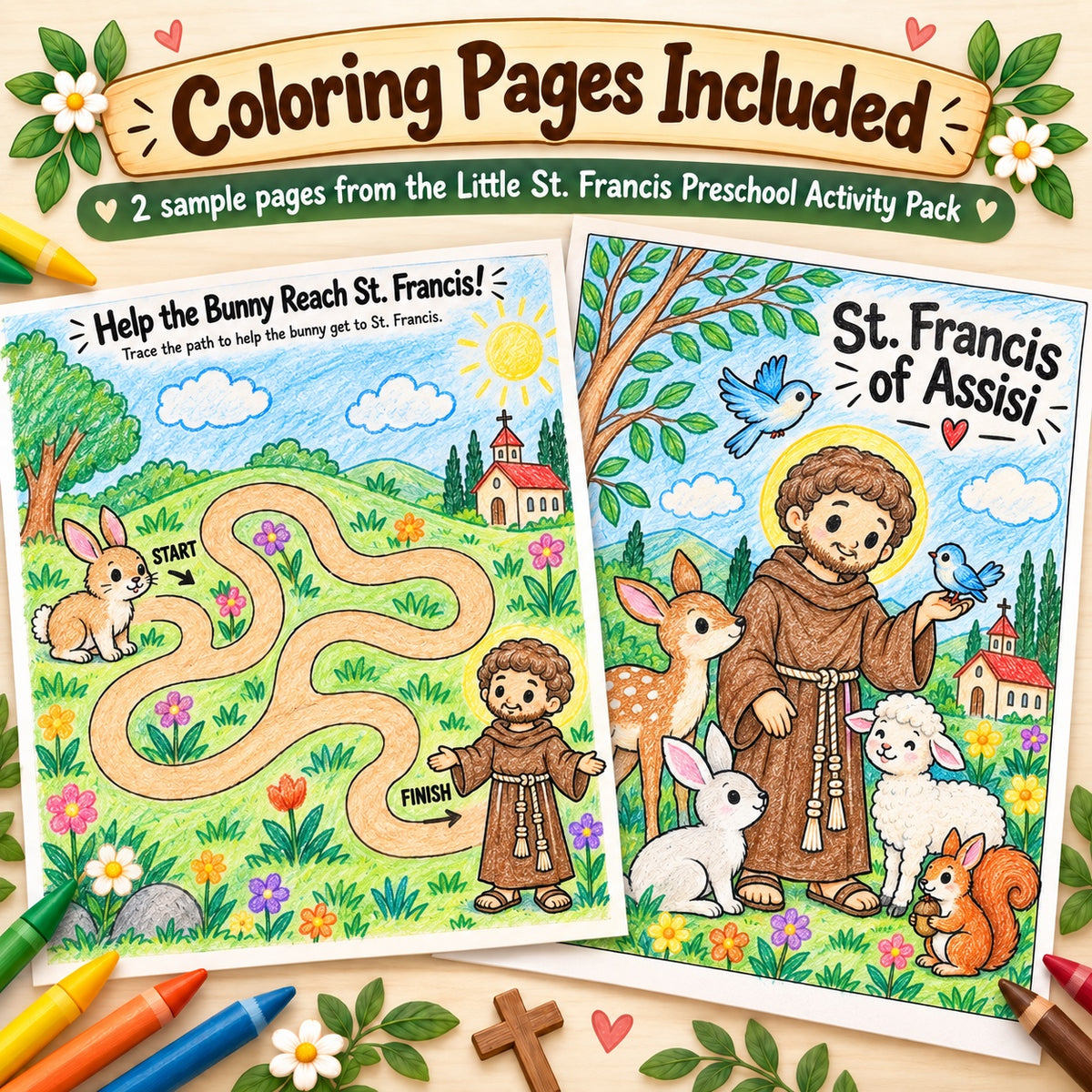 Colored sample pages from the St. Francis preschool activity pack