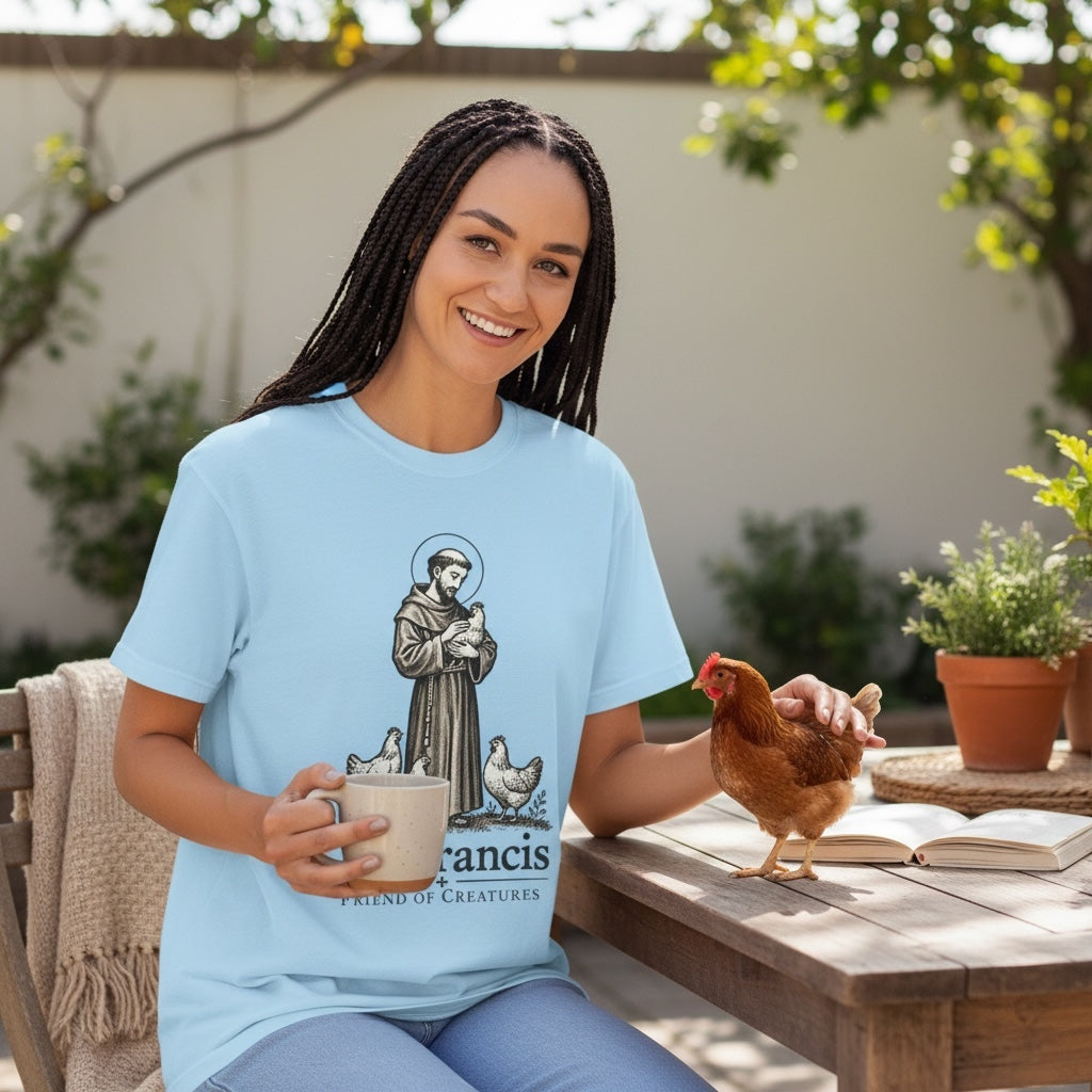 St. Francis of Assisi Friend of Creatures light blue T-shirt with chicken