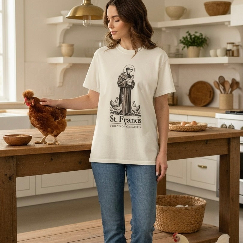 St. Francis of Assisi Friend of Creatures cream Comfort Colors T-shirt with chicken