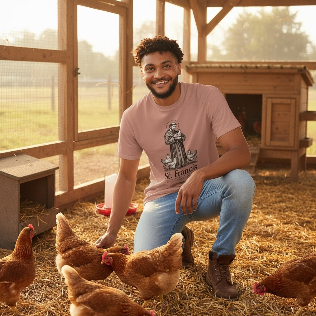 St. Francis of Assisi Friend of Creatures dusty rose T-shirt with chickens