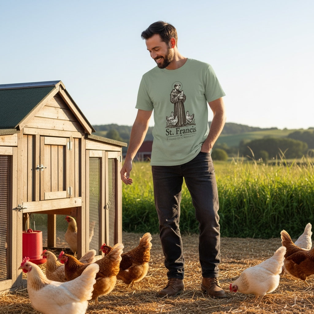 St. Francis of Assisi Friend of Creatures sage green T-shirt with chickens