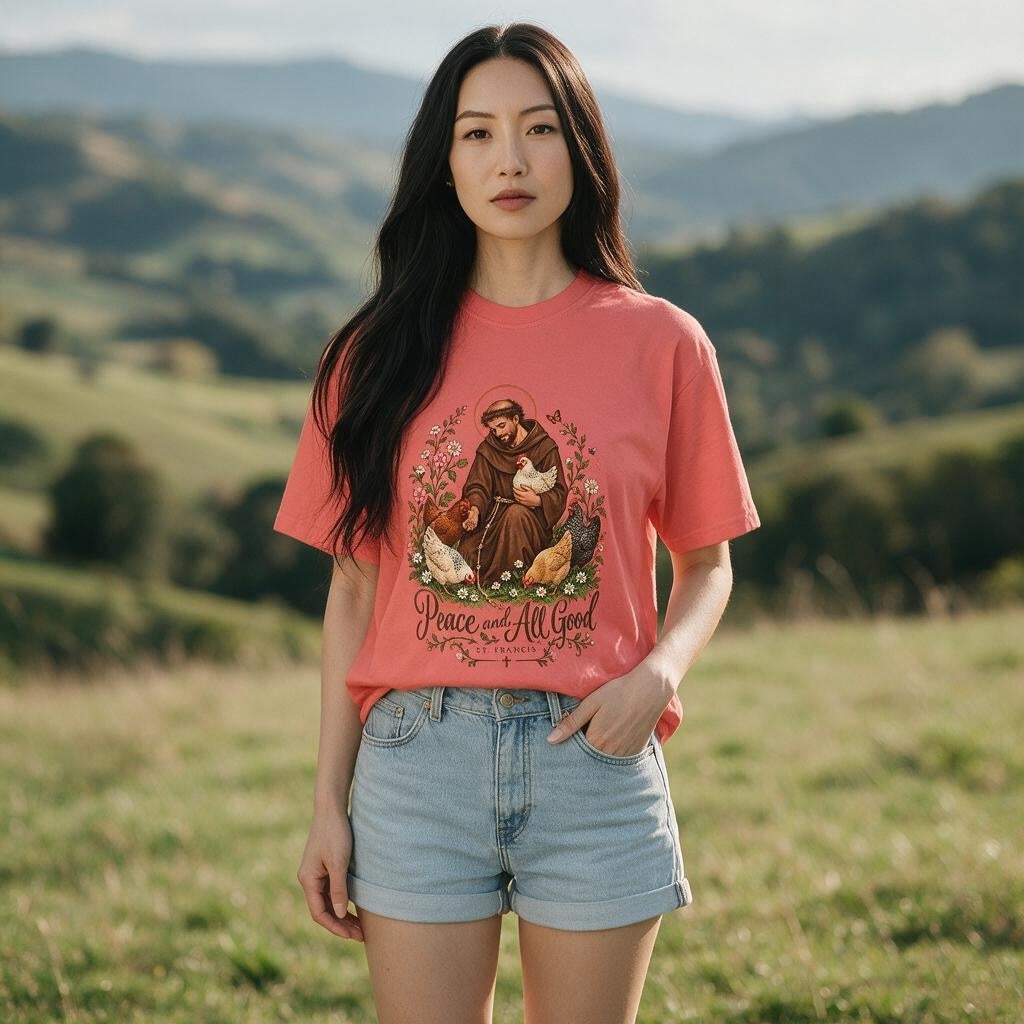 Woman wearing coral St. Francis of Assisi Peace and All Good T-shirt outdoors