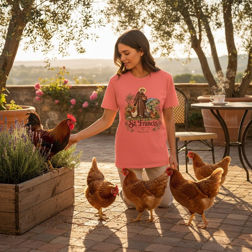 St. Francis of Assisi Pray for Us coral Comfort Colors T-shirt with chickens