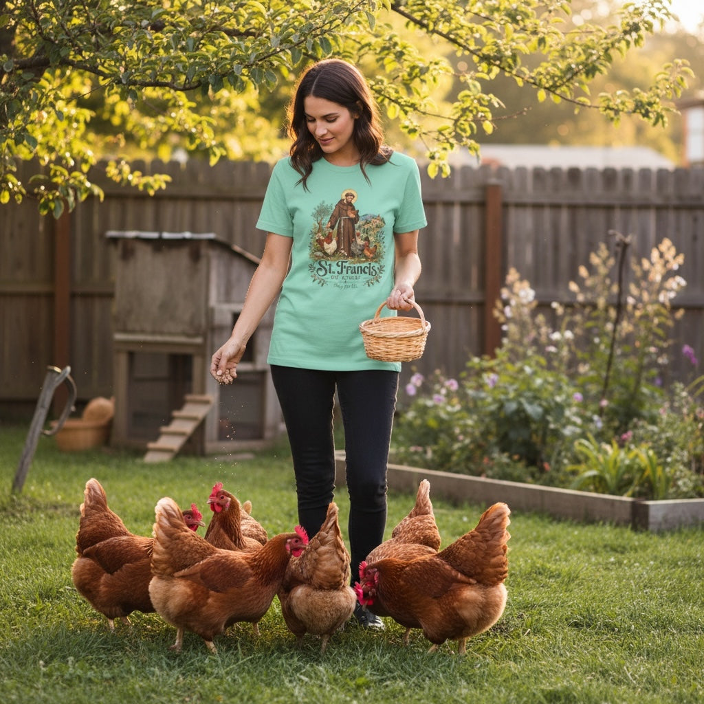 St. Francis of Assisi Pray for Us mint Comfort Colors T-shirt with chickens