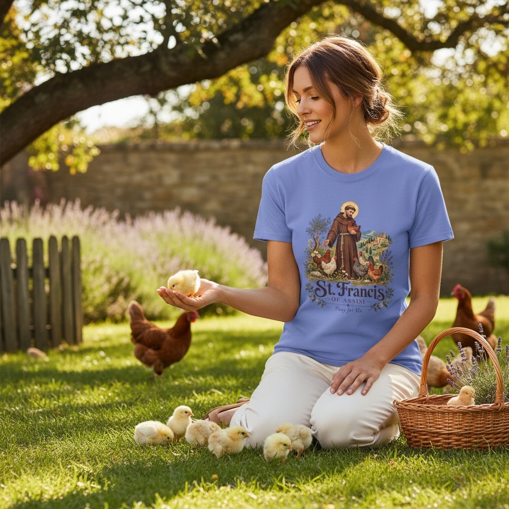 St. Francis of Assisi Pray for Us periwinkle Comfort Colors T-shirt with chick