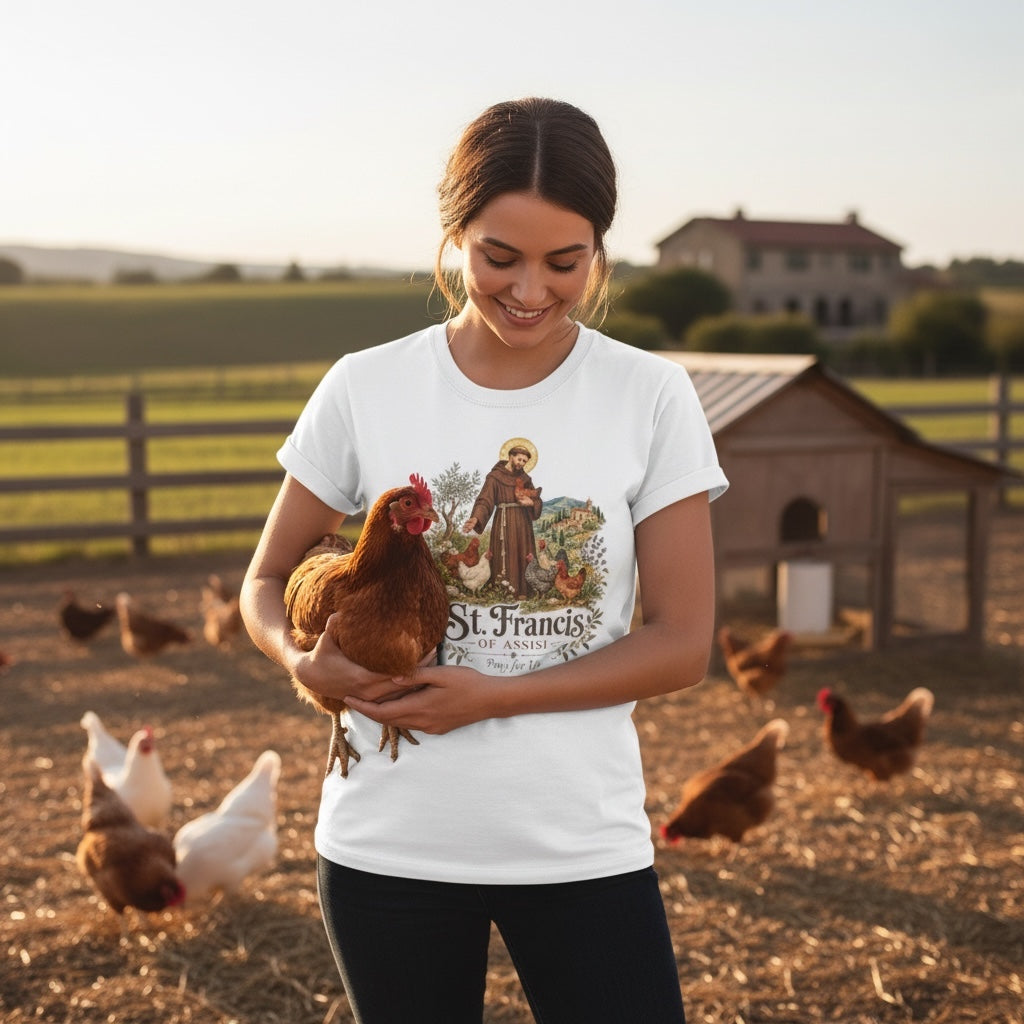 St. Francis of Assisi Pray for Us white Comfort Colors T-shirt with chicken
