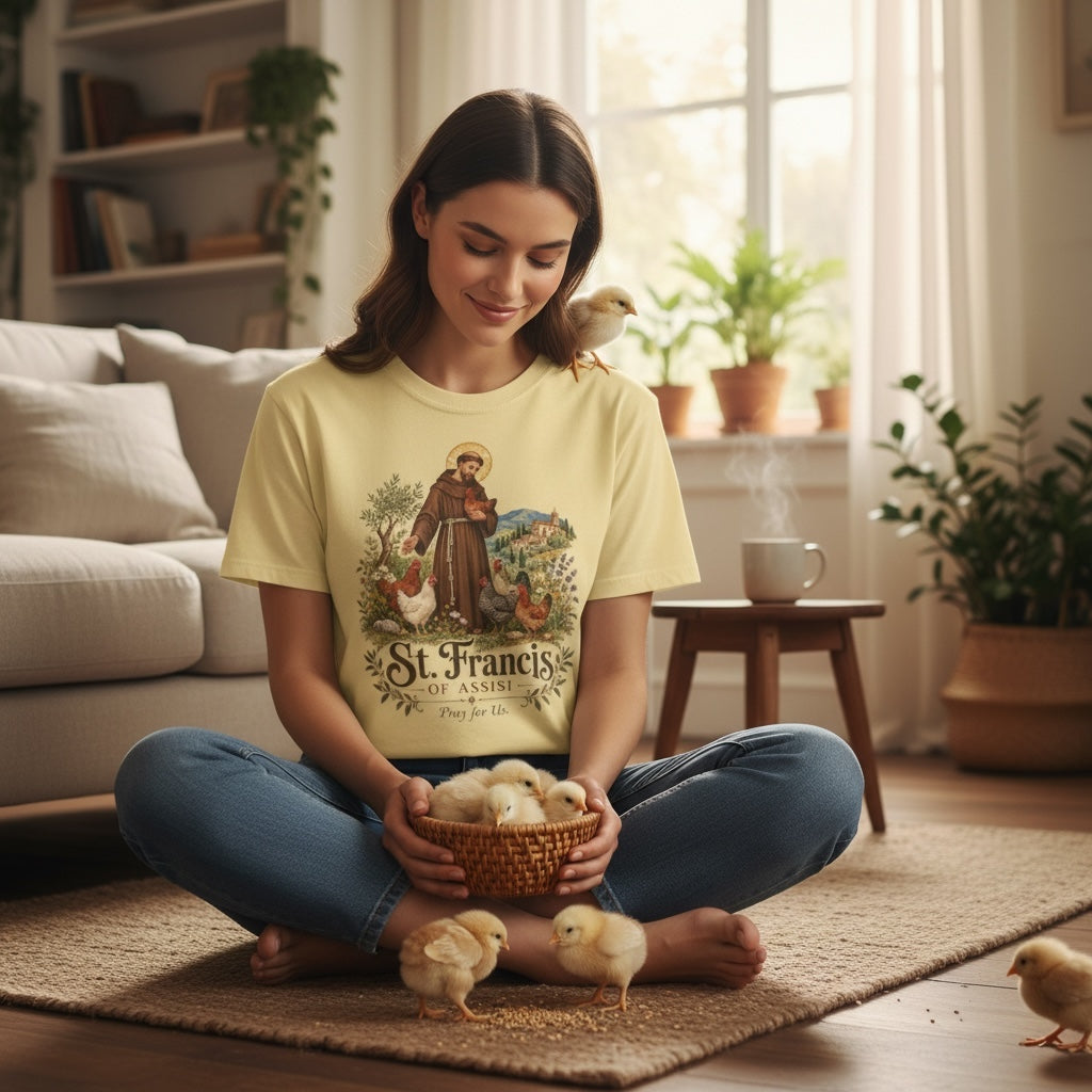 St. Francis of Assisi Pray for Us yellow Comfort Colors T-shirt with baby chicks