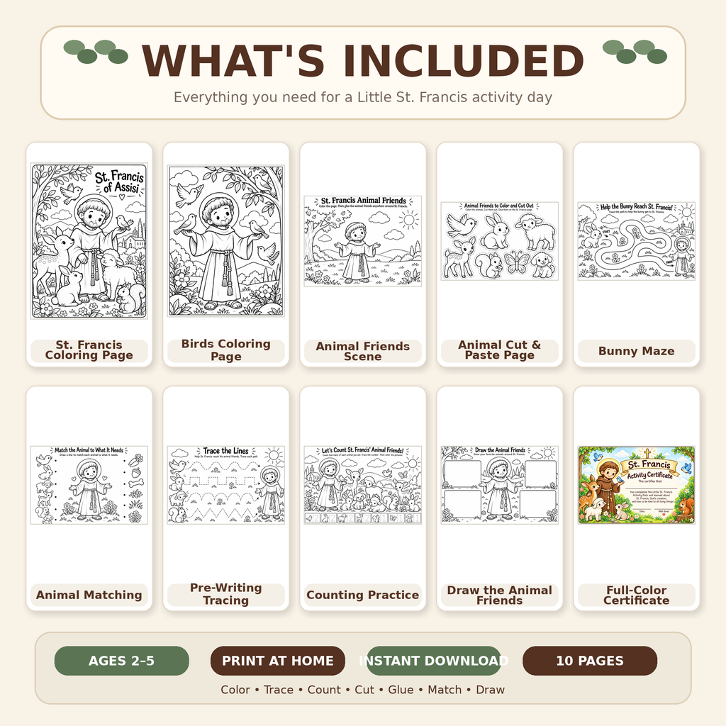What's included in the Little St. Francis preschool activity pack